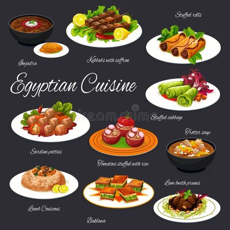 Egyptian cuisine food meals vector menu. Egyptian cuisine meals vector menu template. Imjadra, kebbab with saffron, stuffed rolls and cabbage meals. Sardine vector illustration Egyptian Food Illustration, Eygptain Food, Egyptian Food Recipes, Cabbage Meals, Egyptian Dishes, Egyptian Foods, Egypt Food, Stuffed Rolls, Egypt Crafts