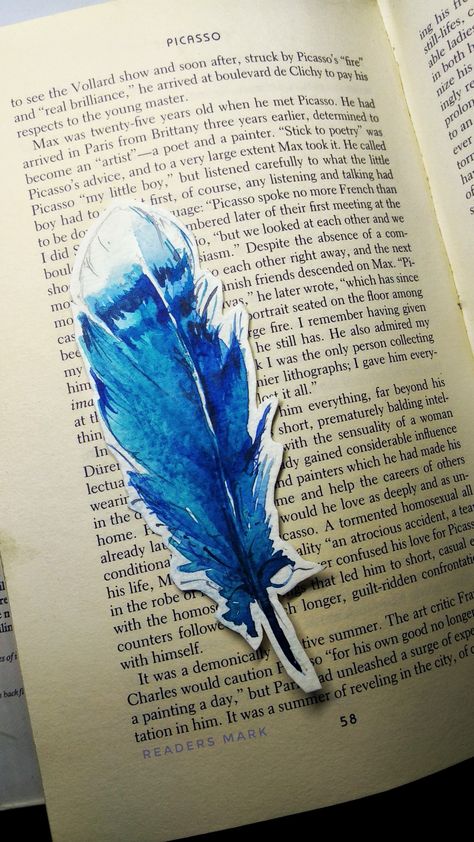 Breaks Books, Blue Bookmark, Blue Wildflowers, Bookmarks Diy, Origami Bookmarks, Handmade Bookmarks Diy, Feather Bookmark, Feather Drawing, Bookmark Printing