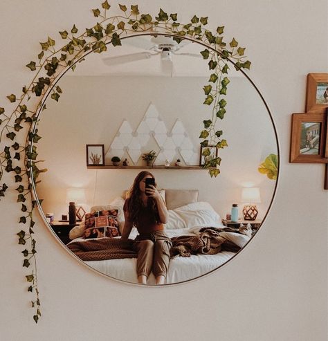 Circle Mirror Ideas For Bedroom, Big Circle Mirror Bedroom, Circle Mirror And Floating Shelves, Wall Decor With Circle Mirror, Circle Mirror With Pictures Around It, Above Mirror Decor, Circle Mirror Bedroom Wall Decor, Round Mirror Decor Ideas Bedrooms, Circle Mirror Ideas