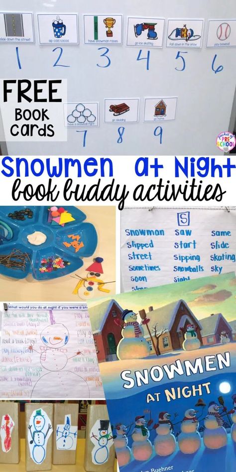 Snowmen at Night: Reading for Different Purposes and Center Activities - Pocket of Preschool Preschool Mystery Reader, Book Themes For Preschool, Winter Literacy Night Activities, Prek Books With Activities, Story Retelling Activities Preschool, Winter Literacy Night, Snowmen At Night Activities Preschool, Winter Question Of The Day Preschool, Book And Craft Activities