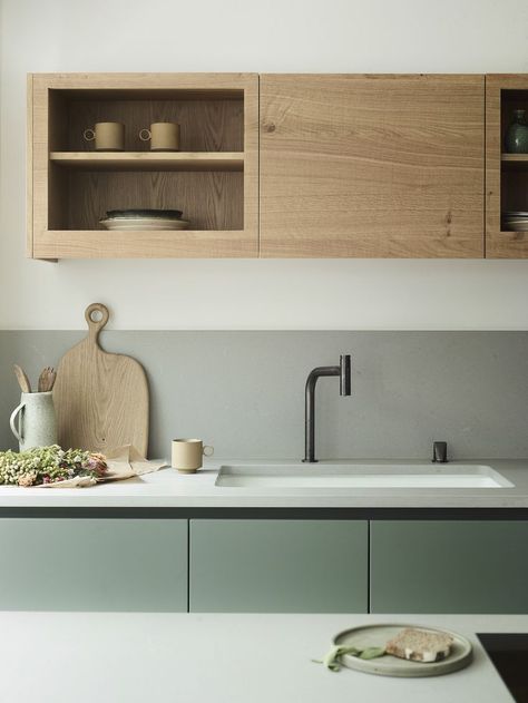 Olive Green White And Wood Kitchen, Textured Island Kitchen, Olive Green And Wood Kitchen Cabinets, Japandi Kitchen Sage Green, Green Timber Kitchen, Japandi Kitchen Design Green, Wood And Sage Kitchen, Green Scandinavian Kitchen, Sage Wood Kitchen