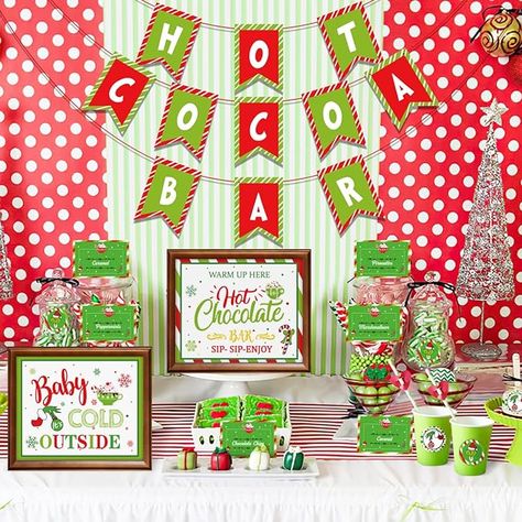 Amazon.com: Winter Hot Chocolate Bar Kit Hot Cocoa Bar Banner Christmas Red Green Hot Chocolate Bar Signs Baby It's Cold Outside Toppings Labels Cup Tags Stickers for Wintertime Holiday Baby Shower Birthday Party New Year Decorations : Health & Household Whoville First Birthday, The One Who Stole Christmas Birthday, The Grinch First Birthday Party, Baby Shower Grinch Theme, Shes A Mean One Grinch Birthday, Whoville Baby Shower Ideas, Grinch Themed First Birthday Party, Grinch Theme Baby Shower Ideas, Grinch First Birthday Party Boy