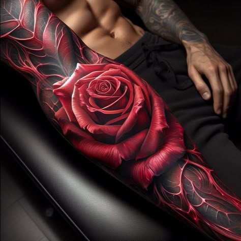 Men Rose Tattoo Sleeve, Tattoo Cover Up Ideas For Men Arm, Red Ink Tattoos Men, Red And Black Tattoo, Men Henna Tattoo, Indian Tattoos, Blood Tattoo, Tats Ideas, Rose Tattoo Sleeve