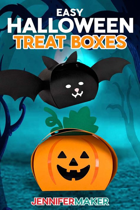 Learn how to make easy Paper Halloween Treat Boxes with JenniferMaker's tutorial! Two cardstock and vinyl treat boxes (a bat and a pumpkin) are on display in a spooky wooded scene. Halloween Treat Boxes Diy, Christmas Day Countdown, Holiday Place Cards, Craft Organization Diy, Paper Flower Wall Art, Diy Sharpie Mug, Jennifer Maker, Office Diy, Paper Lantern Decor