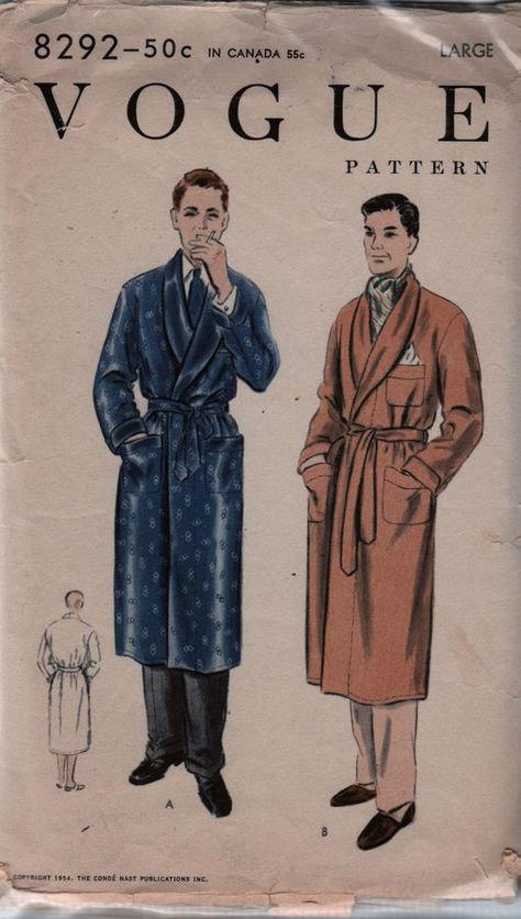 1950s Vogue 9445 Mens Robe Pattern Deep Shawl Collar ala Hugh Hefner mans vintage sewing pattern by mbchills: Mens Robe Pattern, 1950s Vogue, 1950s Mens Fashion, 1950s Mens, Men's Robes, Vintage Mens Fashion, Vogue Pattern, Vintage Vogue, Men Vintage