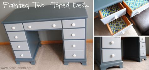 Painted Two-Toned Desk + Tips on Painting Furniture Desk Color Ideas, Two Tone Desk, Burger Design, Painting Wooden Furniture, Kid Room Ideas, Boys Bedroom Makeover, Small Space Decorating, Painted Desk, Upcycling Furniture