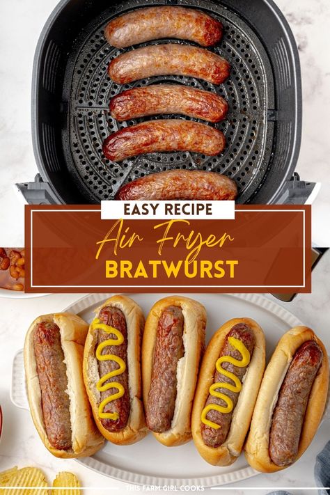 Juicy Air Fryer brats are ready in just 11 minutes and are easy to make in the air fryer. No matter what Mother Nature throws at you, you can still have your grilling style food at your fingertips! #airfryer #brats #easyrecipe Airfryer Brats, Bratwurst In Air Fryer, Brats Air Fryer, Brats In Air Fryer, Air Fryer Bratwurst, Air Fryer Brats, Farm Meals, How To Cook Brats, Bratwurst Recipes