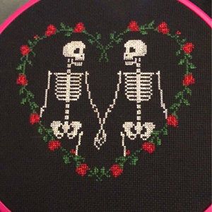 Until We're Dust Skeleton Couple in Love Gothic Cross | Etsy Gothic Cross Stitch, Alphabet Patterns, Snitches Get Stitches, Skeleton Couple, Wedding Cross Stitch, Halloween Cross Stitch Patterns, Denim Embroidery, Wedding Cross, Gothic Cross