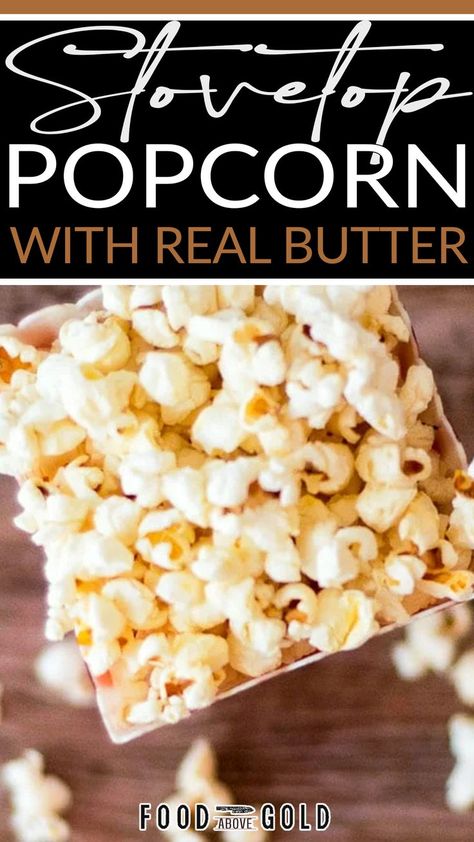 Try this easy, buttery stovetop popcorn recipe and you’ll never want to buy microwave popcorn again! It’s movie theater popcorn quality with REAL butter. I don’t know about you, but movie theater popcorn doesn’t taste nearly as good as it smells. When we do go, I immediately regret spending our entire dinner budget on a bag of popcorn. It doesn’t live up to my expectation. With this simple stovetop popcorn method, you can get the same quality of hot, buttered... | @foodabovegold Movie Theater Popcorn Butter, Stove Popcorn, Stovetop Popcorn Recipes, Cooking Popcorn, Popcorn Recipes Easy, Easy Popcorn, Theater Popcorn, How To Make Popcorn, Movie Theater Popcorn