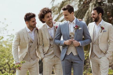 Groom in blue three piece, groomsmen in tan with suspenders instead of vest Linen Suit Beach Wedding For Men, Blue Groom Tan Groomsmen, Blue And Brown Groomsmen, Linen Suit Wedding, Groomsmen Beach Wedding, Mens Beach Wedding Suits, Tan Groomsmen, Linen Wedding Suit, Beach Wedding Men