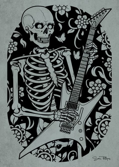 #skeleton #guitar #tattoo #print Skeleton Playing Guitar, Music Skull, Guitar Tattoo Design, Sam Phillips, Guitar Illustration, Tattoo Music, Guitar Drawing, Guitar Posters, Guitar Tattoo