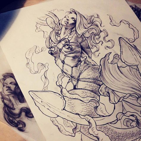 Pirate And Mermaid Tattoo, Pirate Mermaid Tattoo, Mermaid Tattoo Designs Sirens, Siren Pinup Tattoo, Pirate Sleeve, Mermaid Diving, Siren Tattoo Dark Mermaid, Lesbian Mermaid Tattoo, Mermaid Tattoo Thigh Sirens