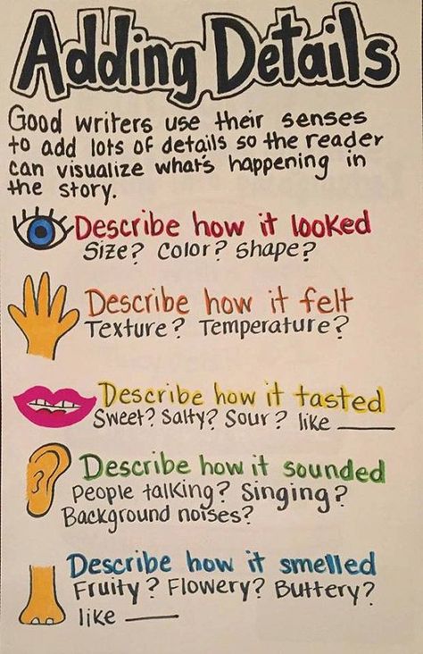 I would make this poster and have it in my writing workshop area to help my students on details. Writers Workshop Anchor Charts, Lucy Calkins, Third Grade Writing, Writing Centers, 3rd Grade Writing, 2nd Grade Writing, Classroom Anchor Charts, Writing Anchor Charts, 1st Grade Writing