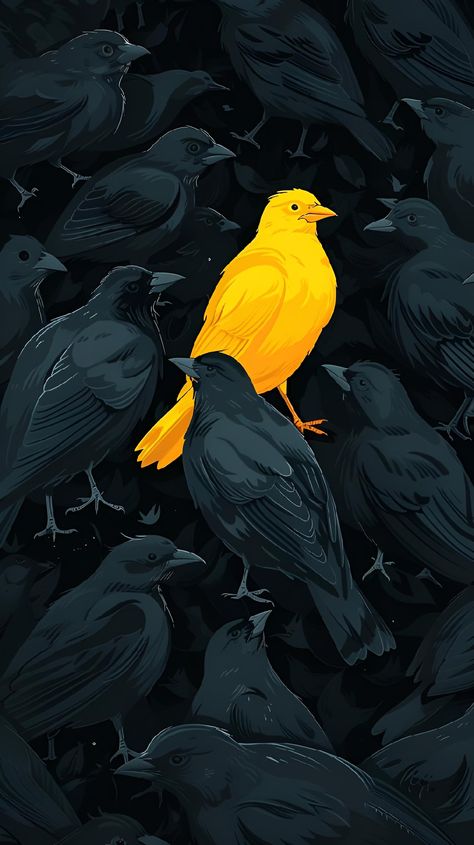 Discover a captivating scene where uniqueness shines! A solitary yellow bird, a beacon of brightness, stands out amid a sea of dark silhouettes. This striking contrast invites us to find our own light. Save & follow for more visionary art. Perfect for your modern space, bring this artwork home. #UniqueArt #BrightAccent #ModernDecor #ImagePrompt #AIImage Illustration Shadow, Yellow Illustration, Contrast Art, Sell Photos, Yellow Bird, Visionary Art, Visual Content, A Sea, Light Art