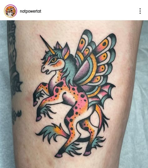 Unicorn Flash Tattoo, American Traditional Unicorn Tattoo, Traditional Unicorn Tattoo, Traditional Unicorn, Dopamine Tattoo, Tattoo 101, Cryptid Creatures, Micro Tattoo, Colored Tattoo Design