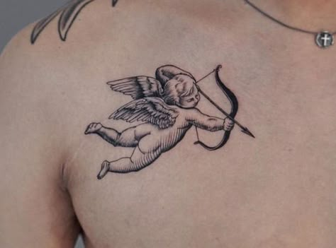 Gotik Tattoo, Cupid Tattoo, Tattoo Angel, Cherub Tattoo, Small Chest Tattoos, Bow Tattoo, Neck Tattoo For Guys, Original Tattoos, Small Tattoos For Guys