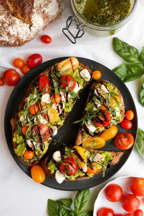 Ciabatta Avocado Toast, Pesto Avocado Toast, Caprese Breakfast, Caprese Avocado Toast, Caprese Avocado, Tomatoes And Mozzarella, Morning Sunday, Avocado Toast Recipe, Avocado Pesto