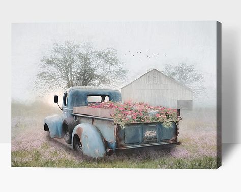 Amazon.com: Vintage Truck Canvas Wall Art Farmhouse Wall Decor, Modern Old Cars and Flowers Canvas Prints, Barn Pictures Wall Art - Rustic Truck Poster Framed Artwork for Living Room Bedroom Wall Decor (12"x18"): Posters & Prints Truck Wall Art, Farm Wall Decor, Farmhouse Truck, Vintage Inspired Wall Decor, Wall Art Country, Farmhouse Pictures, Vintage Pickup, Farm Pictures, Barn Pictures