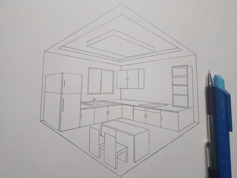 Kitchen Architecture Design Drawing, Isometric Kitchen Drawing, Kitchen One Point Perspective, Kitchen Ideas Drawing, Kitchen Drawing Easy, Kitchen Perspective Drawing, Kitchen Drawing Sketch, Drawing Of Kitchen, Kitchen Sketch