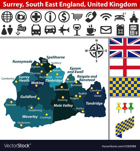 Surrey South East England, vector image. Rye East Sussex England, Lowestoft England, Surrey England Houses, Dorking Surrey England, England Counties Map, Woking Surrey England, Surrey England, South East England, Business Names