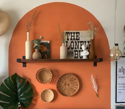 Painted Arch Wall Coffee Bar, Terracotta Color Wall, Painted Arch With Shelf, Painted Arch Gallery Wall, Terracotta Arch Wall, Painted Wall Shapes, Terracotta Wall Mural, Painted Arch With Shelves, Painted Arch Living Room