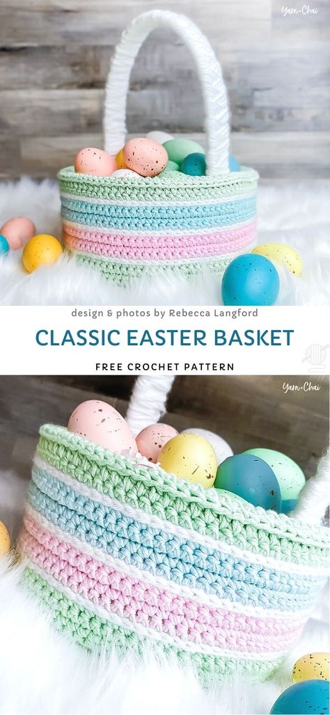 Crochet Spring Patterns Free, Crochet Easter Basket Free Pattern, Easter Bunny Basket Crochet, Crochet Easter Basket Pattern, Easter Crochet Patterns Free, Easter Basket Pattern, Crochet Easter Basket, Knitted Stuff, Crochet Holiday