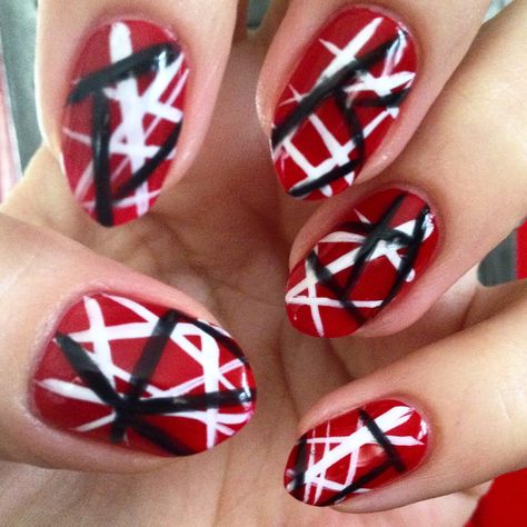 Inspired by Edward Van Halen's Kramer 5150 Guitar OPI in "big apple red" Essie in "blanc" and "licorice" #essiepolish Van Halen Nails, Hazbin Hotel Nails, Music Nails, Rock Nails, Essie Polish, Classy Nail, Band Nails, Classy Nail Designs, Painted Nails