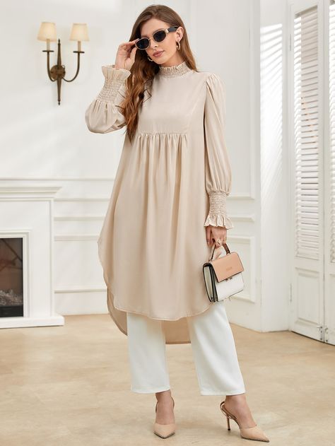 Apricot Casual  Long Sleeve Polyester Plain Tunic Embellished Non-Stretch Spring/Fall Women Tops, Blouses & Tee High Low Kurti, Plain Kurti, Plain Tunic, Birthday Collage, Latest Dress Design, Hijab Outfits, Cotton Kurti Designs, Dress Design Patterns, Cotton Kurti