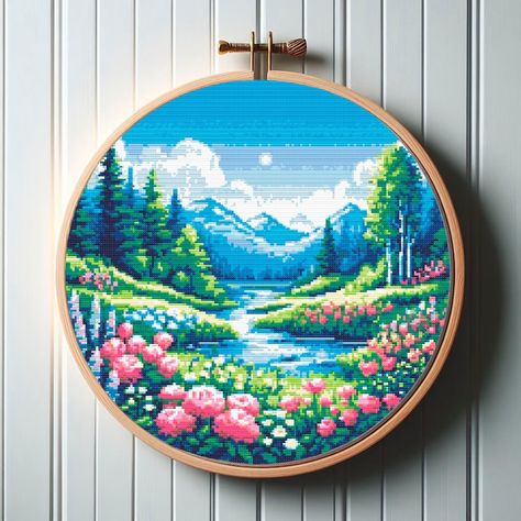 Cross Stitch Nature Pattern, Cross Stitch Pixel Art, Landscape Cross Stitch Patterns, Cross Stitch Forest, Embroidery Valentine, Picturesque Landscape, Valentine Art, Pattern Landscape, Landscape Forest