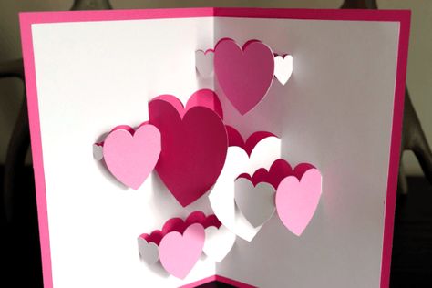 3d Heart Card Pop Up, Valentines Popup Cards, Pop Up Card Valentine, Heart Pop Up Card Diy, Pop Up Card Design, Creative Pop Up Cards, Pop Up Valentine Cards Diy, Pop Up Cards Diy Templates, Cricut Pop Up Cards