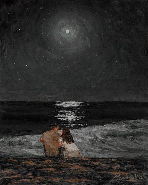 "Under the moon's gaze, mysteries unfold by the ocean's edge." Romance Art, Aesthetic Painting, Romantic Art, Ethereal Art, Surreal Art, Two People, Art Plastique, Pretty Art, Full Moon