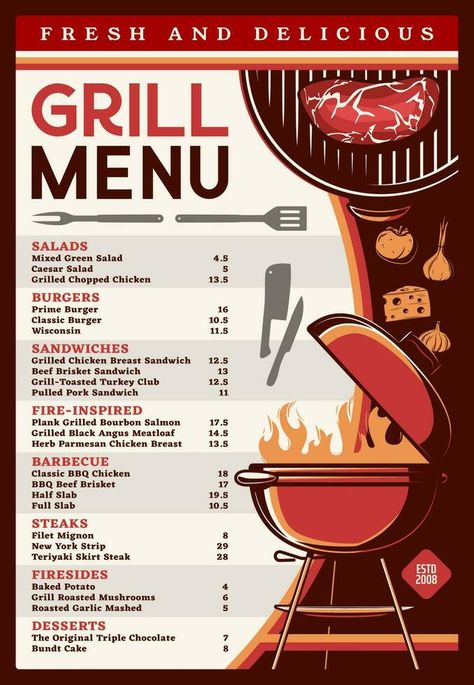 Grill menu with bbq food, barbecue cafe Grill Menu Design, Grilled Menu, Bbq Menu Design, Dinner On The Grill, Beef Brisket Sandwich, Chicken Breast Sandwich, Barbecue Food, Grilled Roast, Grilling Menu