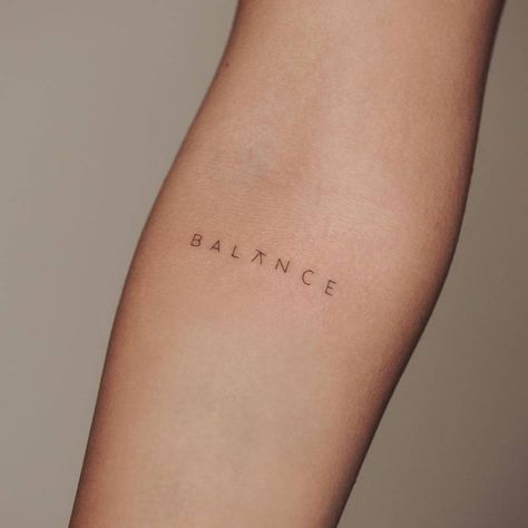 Balance Word Tattoo Fonts, Small Tattoos Balance, Inner Balance Tattoo, Aesthetic Letter Tattoo, Balance Tattoo Meaning, Tattoo Ideas One Word, Balance Tattoo Ideas Minimalist, Balance Small Tattoo, Word Forearm Tattoos For Women