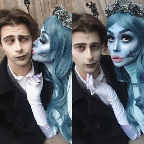 Corpse Bride Couple for Halloween Costume Ideas for Couples Couples Corpse Bride Costume, Victor Corpse Bride Makeup, Corpse Bride Costume Couple, Corpse Bride And Victor Costume, Victor Corpse Bride Costume, Corpse Bride Party, Couples Cosplay Ideas, Couple Cosplay Ideas, Tim Burton Halloween Costumes