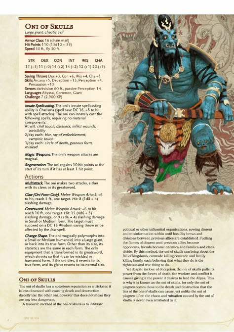 Oni Dnd 5e, Dnd Stat Blocks, Dnd Oni, Dnd Enemies, Homebrew Monsters, 5e Monsters, Dungeons And Dragons Races, Dnd Stats, Dnd Monster