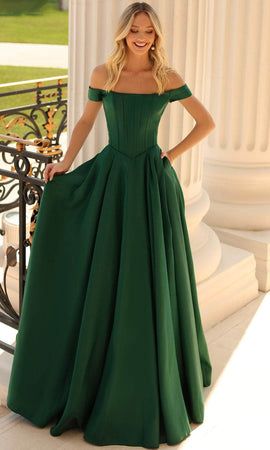 Forest Green Prom Dress, Off Shoulder Corset, Waistline Dress, Corset Prom Dress, Basque Waist, Off Shoulder Neckline, Short Dress Styles, Corset Boning, Skirt Pockets