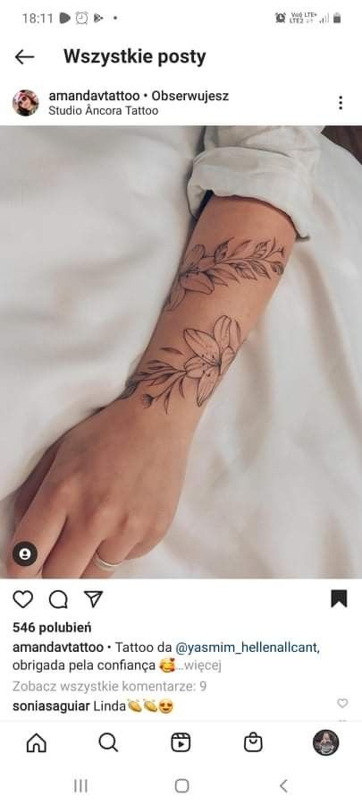 Lily Wrist Tattoos For Women, Vine Arm Tattoos For Women Forearm, Women Vine Tattoo Arm, Wildflower Wrap Around Tattoo, Random Tattoo Sleeve Women, Lily Vine Tattoo, Water Lily Wrap Around Tattoo, Lily Arm Tattoo For Women, Tiger Lily Arm Tattoo