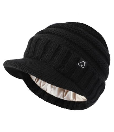 Hat Hut Beanie Hat for Women Men Satin Lined Beanie for Women Satin Lined Winter Hat Slouchy hat with Visor Brim (Black) Satin Lined Beanie, Womens Beanie, Womens Slouchy Beanie, Cable Knit Beanie, Visor Beanie, Pink Baseball Cap, Hair Protection, Women Hats Fashion, Beanie Hats For Women