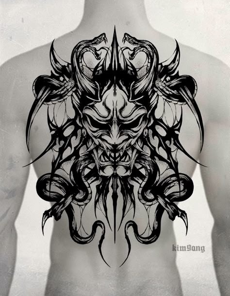 Black Tattoo Ideas, Japanese Back Tattoo, Oni Tattoo, Upper Back Tattoos, Black Art Tattoo, Horoscope Tattoos, Back Of Neck Tattoo, Shiva Tattoo Design, Wicked Tattoos