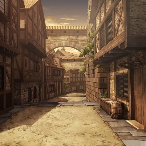 Anime Medieval Background, Aot Backgrounds Landscape, Attack On Titan Background, Street Background, Gacha Backgrounds, Fantasy Village, Castle Background, German Architecture, Anime Places