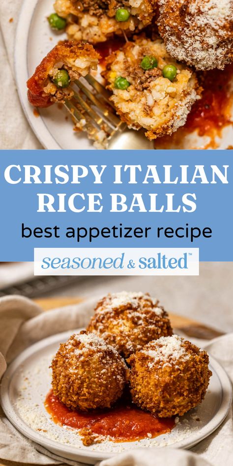 This Italian Arancini recipe makes the perfect little crispy rice balls stuffed with a meat sauce and mozzarella cheese! This is a classic Italian recipe and one of my absolute favorite foods! The Arancini rice balls are perfect for a holiday appetizer and are hearty enough to be served for dinner, too. Homemade Rice Balls, Rice Appetizer Recipes, Rice Ball Appetizers, Rice Balls With Ground Beef, Sicilian Rice Balls, Vegan Rice Balls Recipe, Classic Italian Appetizers, Mushroom Arancini Balls, Crispy Rice Appetizer