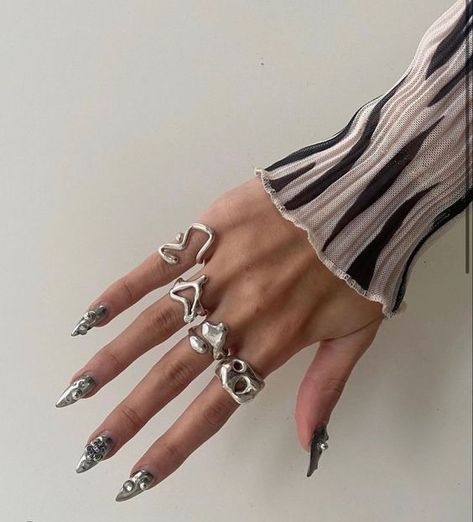 Liquid Jewelry, Chrome Web Store, Funky Rings, Goth Outfit, Chrome Web, Nail Jewelry, Dope Jewelry, Silver Nails, Funky Jewelry