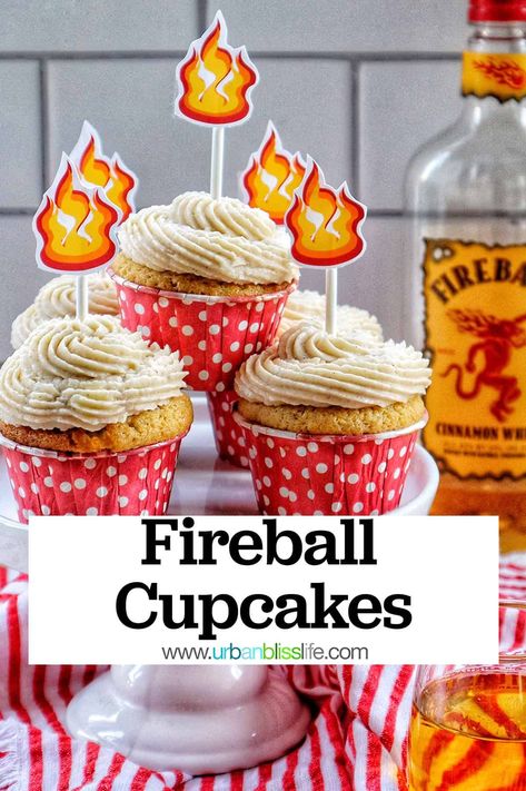 Fireball Cupcakes are fun cinnamon cupcakes topped with cinnamon buttercream. A delicious 21+ dessert that's easy to make! Recipe at UrbanBlissLife.com. Fireball Cream Cheese Frosting, Fireball Cupcakes Birthday Cakes, Fireball Cupcakes Recipe, Fireball Cookies, Boozy Deserts, Fireball Cake, Infused Cupcakes Recipes, Shrimp Roll Recipe, Booze Desserts