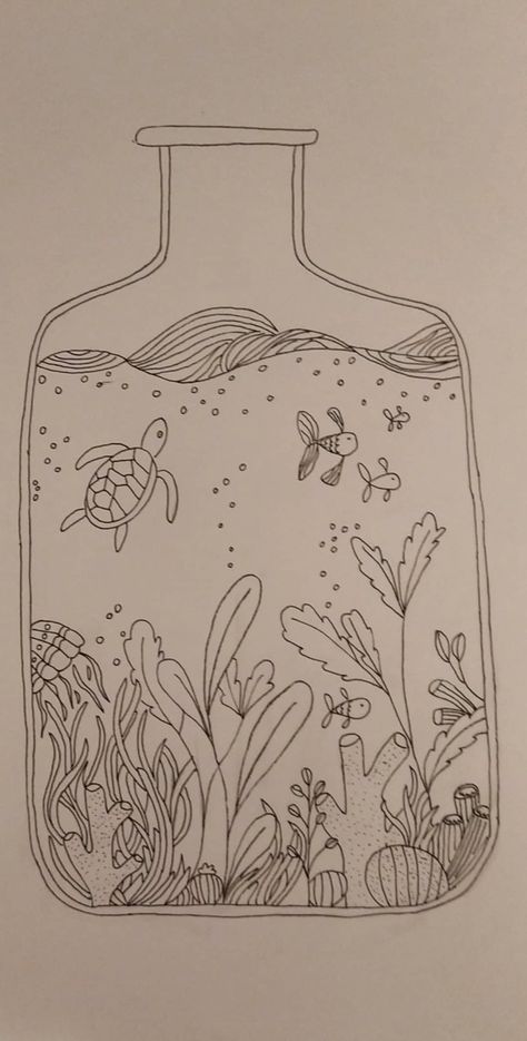 Bottle-aquarium inspired by @love_objects on Instagram Aquarium Doodle Art, Easy Aquarium Drawing, Ocean In A Bottle Drawing, Cute Aquarium Drawing, Bottom Of The Sea Drawing, Aquarium Aesthetic Drawing, How To Draw An Aquarium, Fish Tank Sketch, Aquarium Drawing Ideas