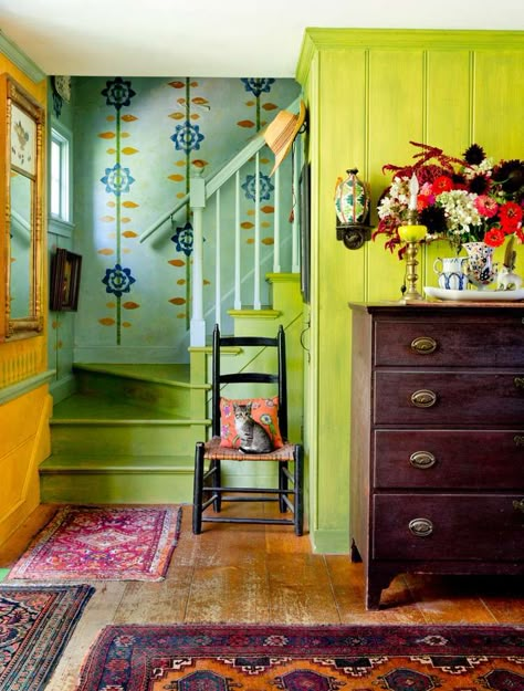 Chartreuse Is Back and Bolder Than Ever Bright Holiday Decor, Color Palette Interior, Greek Revival Home, Deco Originale, Maximalist Decor, Painted Walls, Hand Painted Walls, Green Rooms, Beautiful Spaces