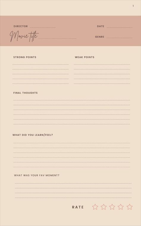 journal review movie note rate your film strong point weak point artist director album title date genre what did you learn, feel, fav moment Movie Review Worksheet, Film Journal Template, Movie Journal Template, Film Review Template, Book Journal Review, Movie Review Template, Book Journal Template, Mind Journal, Book Review Journal