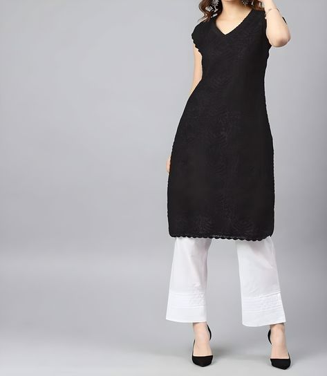 Women Salwar Kameez Party Wear, Cotton Chikan Embroidery Kurti Pajama For Women, Black Cotton Short Sleeve Kurta with Pants for Ladies Wear Short Sleeve Kurta, Black Indian Dress, Indian Summer Dress, Chikan Embroidery, Black Kurti, Indian Dresses For Women, Embroidery Kurti, Kurta Top, Chikankari Kurta