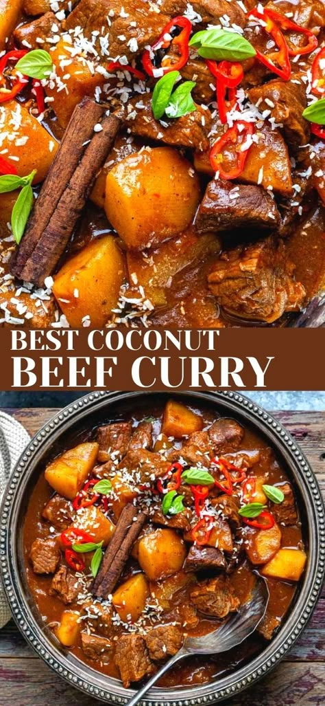 Coconut Curry Beef Stew, Caribbean Beef Curry With Potatoes, Carribean Beef Curry With Potatoes, Beef And Sweet Potato Coconut Curry, African Beef Curry, Coconut Beef Curry Recipe, Curry Recipes Beef, Beef Curry With Coconut Milk, Burmese Beef Curry Recipe