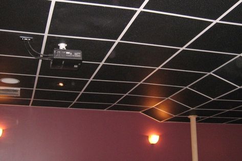 Black Drop Ceiling Tiles, Black Drop Ceiling, Ceiling Tiles Painted, Black Ceiling Tiles, Drop Down Ceiling, Cleaning Ceilings, Burgundy Walls, Acoustical Ceiling, Metal Ceiling Tiles