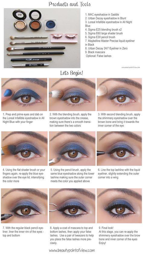 All Night Blue Makeup Pictorial - step by step instructions and extra details now on site! Beauty Point Of View How To Wear Blue Eyeshadow, Blue Makeup Tutorial Step By Step, Blue Eyeshadow Tutorial Step By Step, Blue Eye Makeup Tutorial Step By Step, Simple Everyday Eye Makeup, Navy Blue Eyeshadow, How To Wear Makeup, Blue Eyeshadow Looks, Everyday Eye Makeup